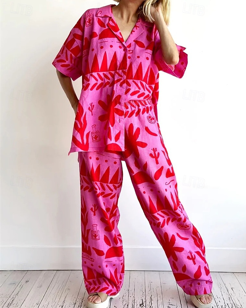 Femmes Mode Streetwear Chemises en coton et lin Ensembles en coton et lin Ensembles de Pantalons Manche Courte Col de chemise Fleuri Imprimé Tenue quotidienne Date Rose Claire Été Coupe régulière de 2025 ? $43.99 –P2