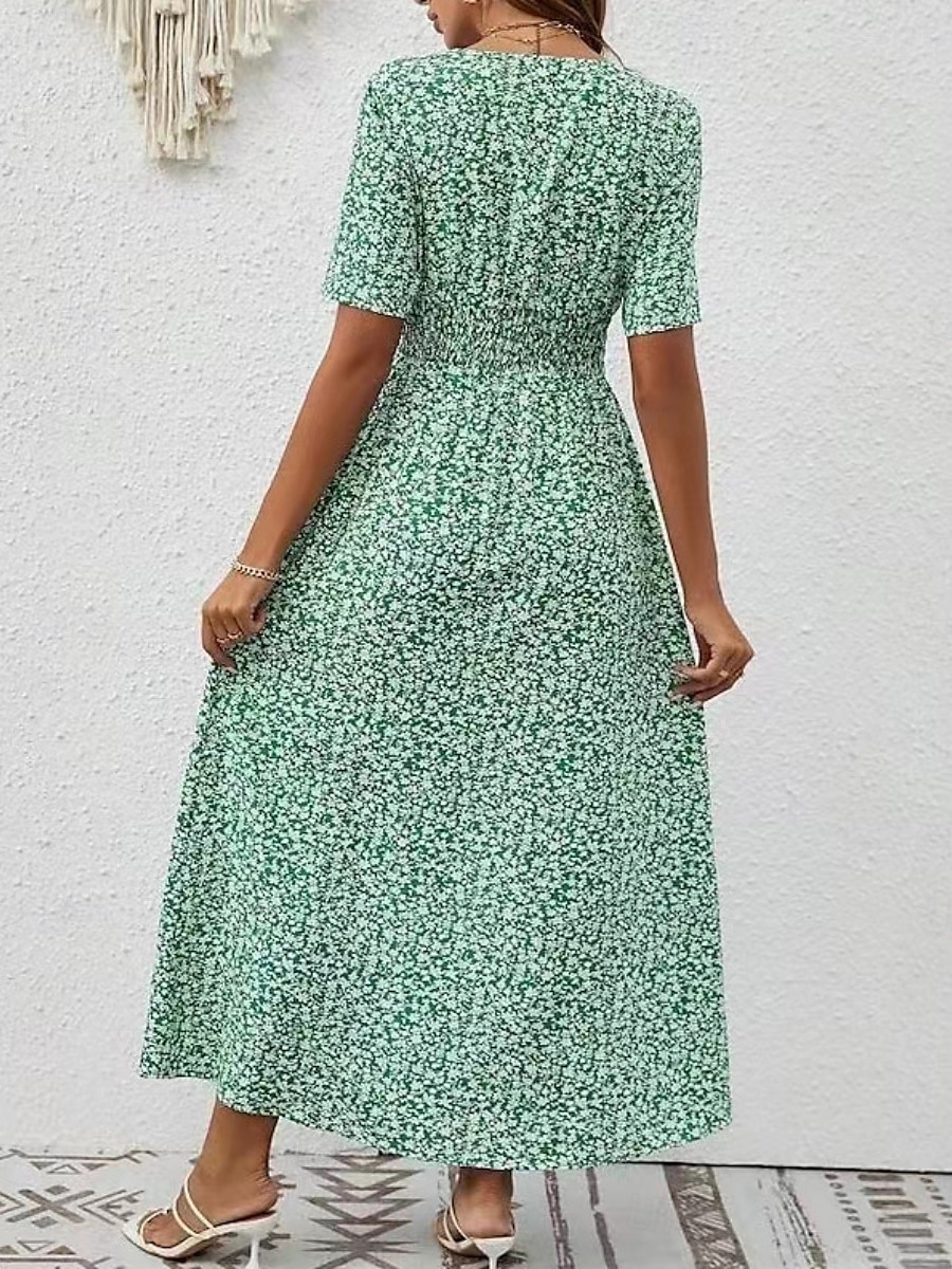 Femmes Robe maxi Robe trapèze Occasionnel Extérieur Sortir Coupe régulière Fleuri Manche Courte Col en V Bleu Vert Été de 2025 ? $39.99 –P2