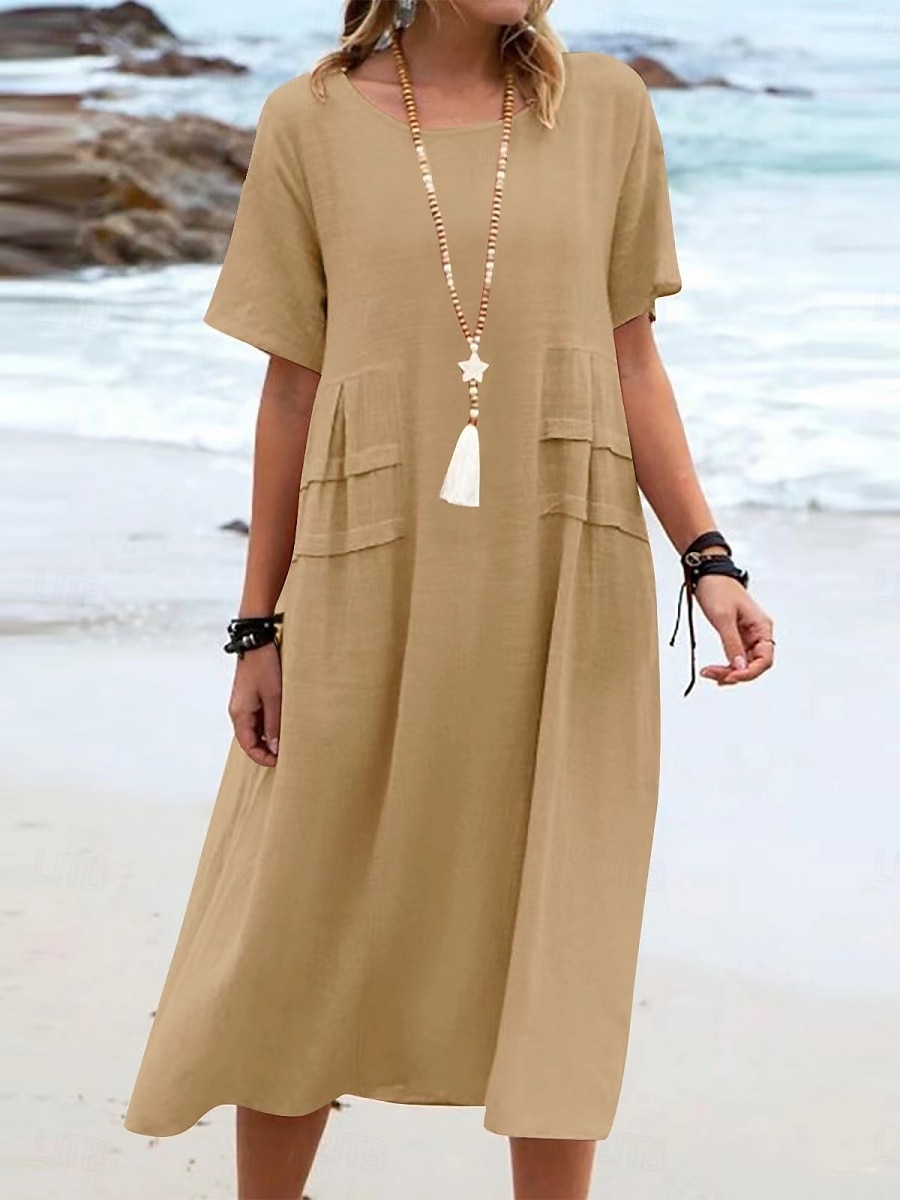 Damen Midikleid Baumwoll-Leinen-Kleider Freizeitkleid Sommerkleid Klassisch Modern Täglich Wochenende Normale Passform Einfach Kurzarm Rundhalsausschnitt Schwarz Gelb Rosa Königsblau Sommer 2025 - $12.49 –P19