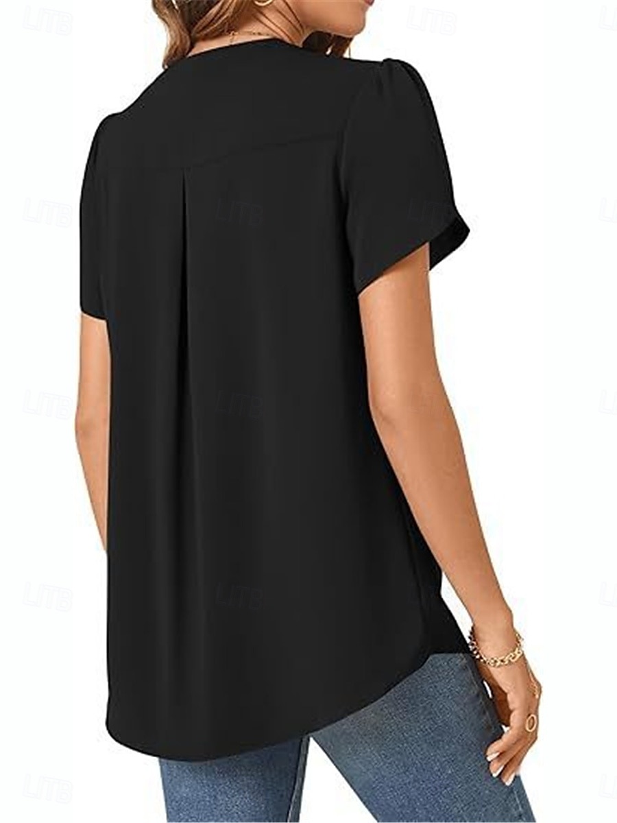 Femmes Chemisier Couleur Unie Élégant Basique Occasionnel Manche Courte Col en V Hauts Réguliers Quotidien Noir Blanche Bleu Vert Abricot Été de 2025 ? $19.99 –P7