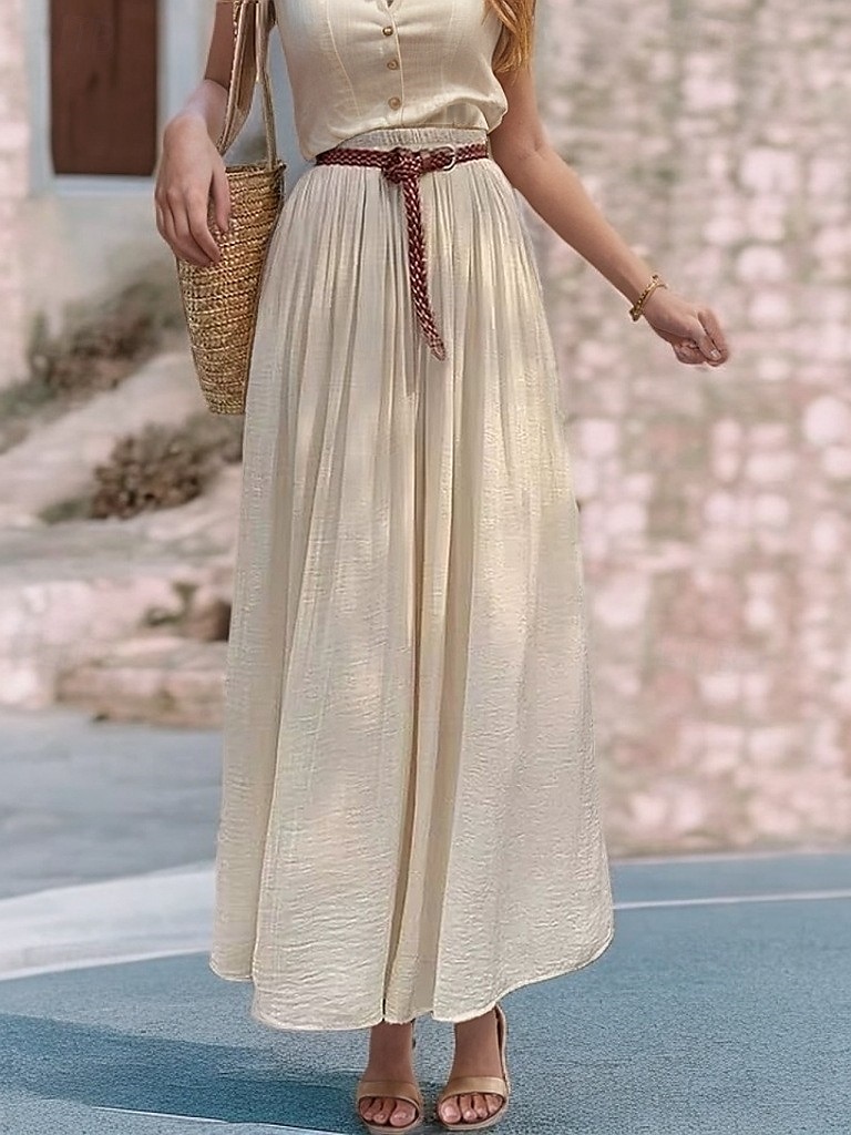 Damen Asiatische Größe Schwingend Leinenröcke Elegant Lässig Midi Hohe Taille Röcke Einfarbig Gerafft Plissiert Fließend Mikroelastisch Urlaub Täglich Wein Schwarz Weiß Rosa Frühling, Herbst, Winter 2025 - $32.99 –P6