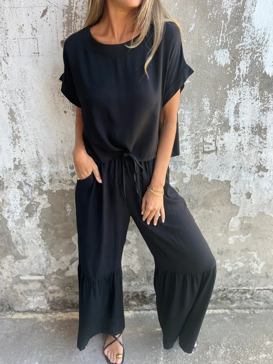 Femmes Actif Basique Ensembles en coton et lin Manche Courte Col ras du cou Couleur Unie A Volants Décontracté Quotidien Noir Vert Véronèse Orange Été Coupe régulière de 2025 ? $32.99 –P4