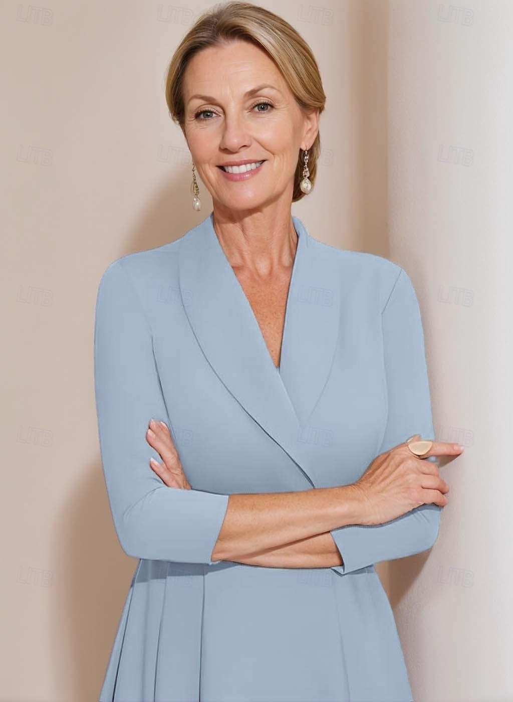 vestido blazer linha a mãe da noiva vestido crepe elegante simples lapela decote comprimento chá cetim manga 3/4 com cor sólida 2025 de 2025 por $169.99 –P2