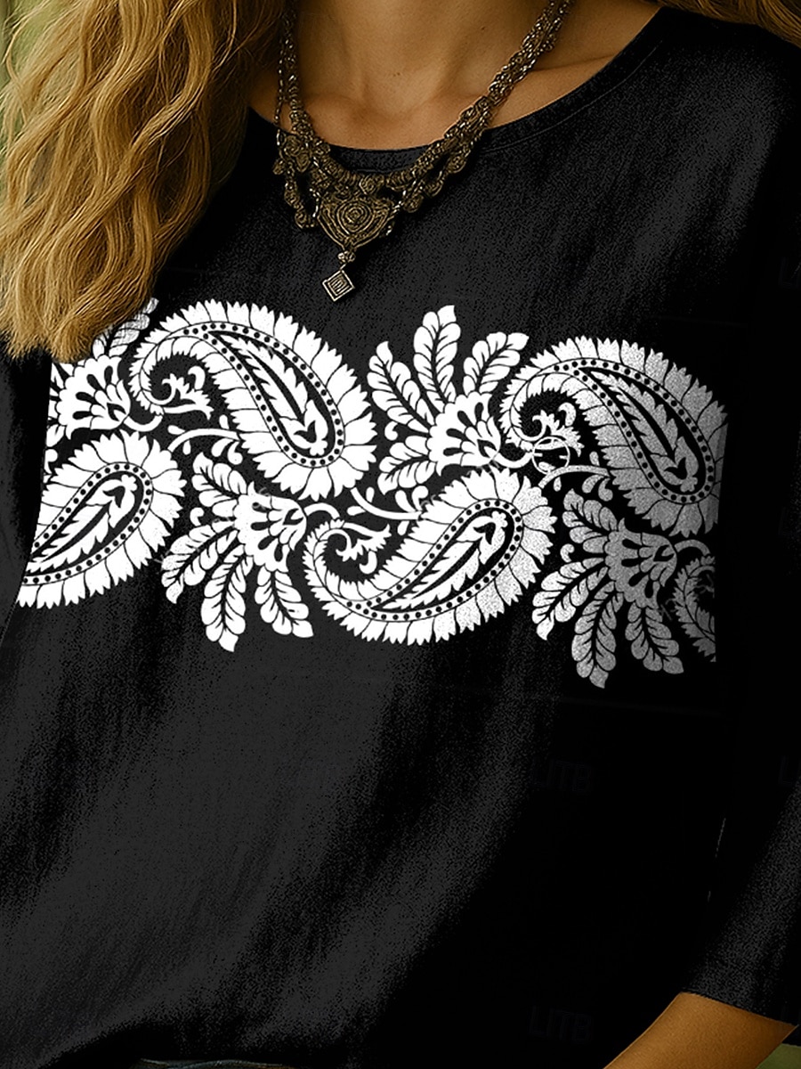 Damen Bluse Grafik Paisley-Muster Bohemien Tropisch Lässig Dreiviertelarm Rundhalsausschnitt Normale Oberteile Täglich Ferien Urlaubskleidung Druck Weiß Blau Purpur Grün Sommer Frühling 2025 - $27.99 –P3
