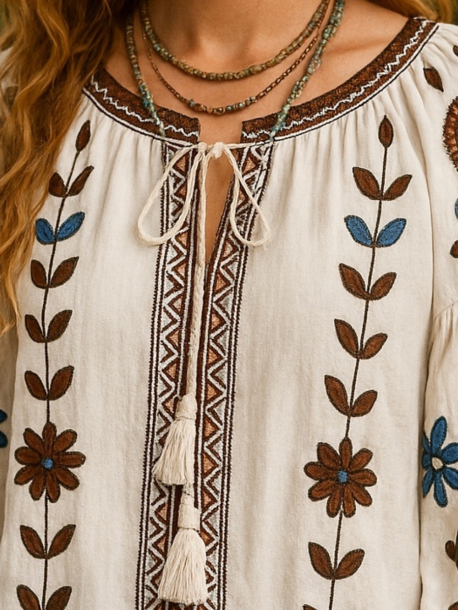 Damen Hemd Blumen Grafik Bohemien Vintage Lässig Langarm Rundhalsausschnitt Normale Oberteile Täglich Bestickt Weiß Blau Sommer 2025 - $44.99 –P3