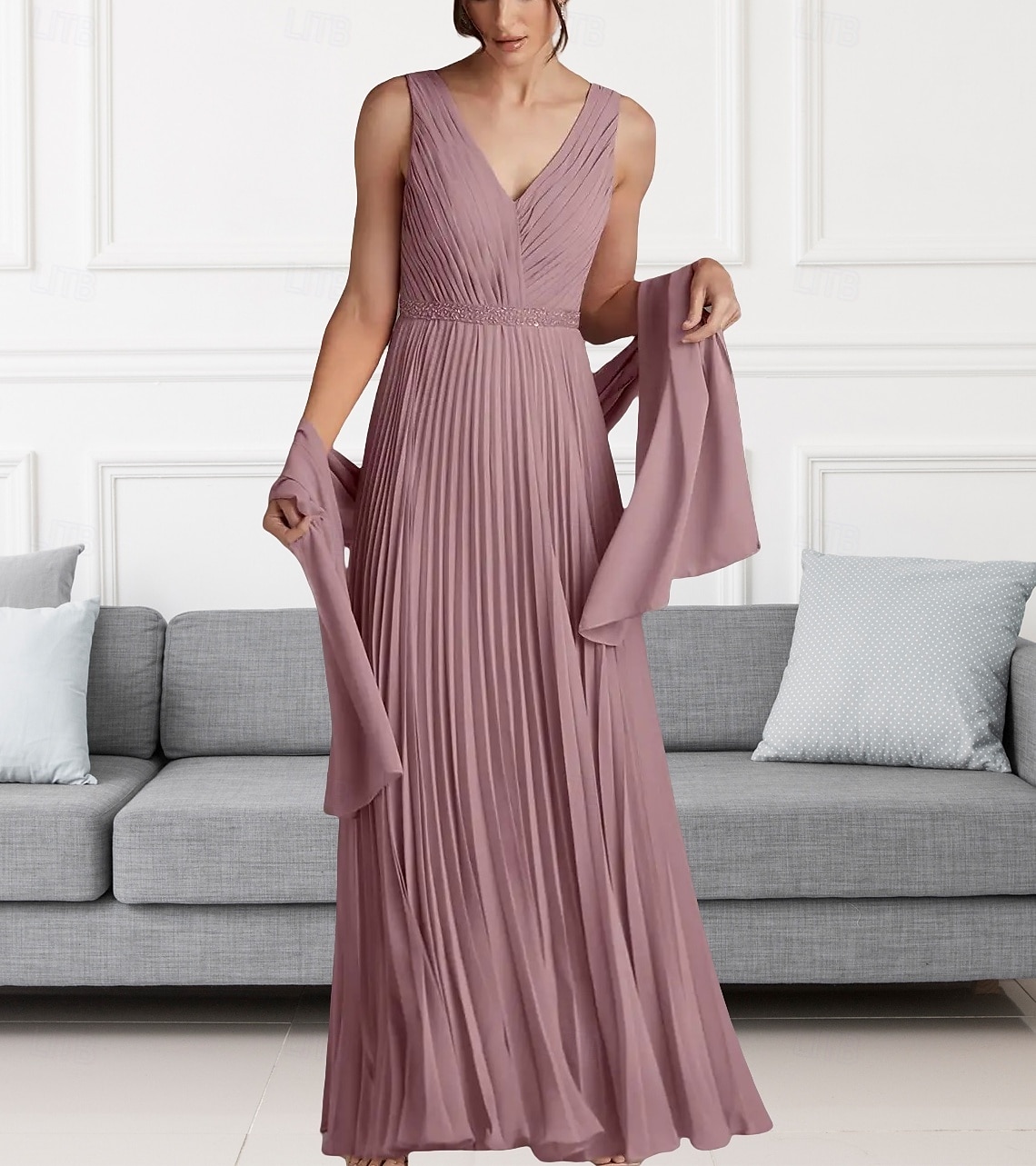 Ligne A Robe de Mère de Mariée  robe demoiselle d honneur Élégant Col en V Longueur au sol Chiffon Sans manches Echarpe incluse avec Perlage Fronces 2025 de 2025 ? $164.99 –P3
