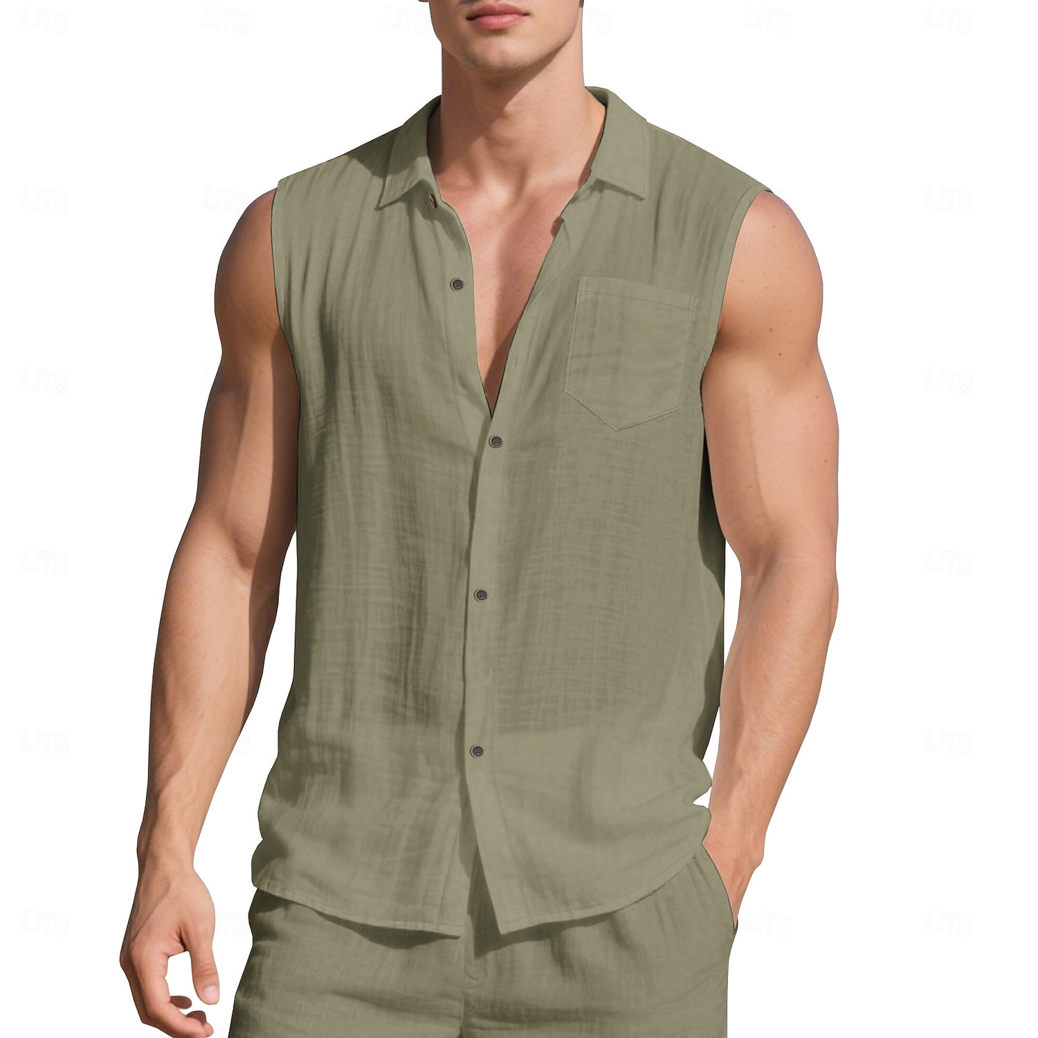 Men's Shirt Linen Shirt Summer Shirt Beach Wear Sleeveless Shirt Solid Color Vacation Street Black White Green Khaki Sleeveless Shirt Collar Summer Spring Clothing Apparel Pocket 2026 - $21.99 –P15