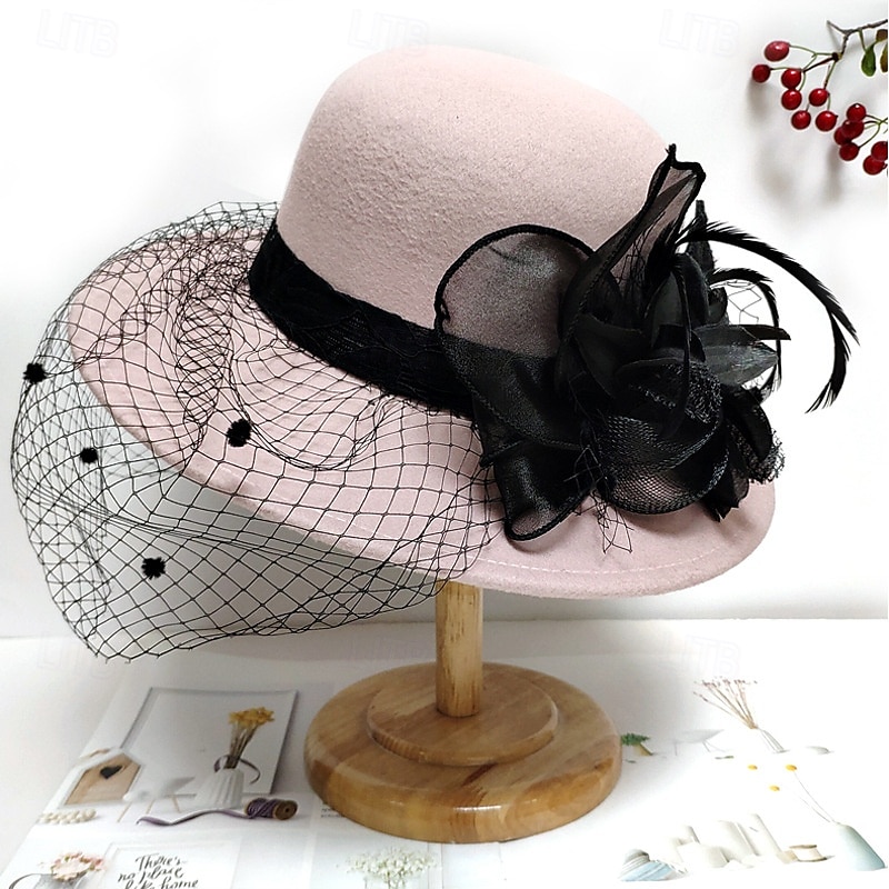 Vintage Fedora Bucket Hat with Removable Mesh Flowers Feathers Elegant Ladies Bowler Hat Winter Warm Wide Brim Church Derby Hat for Wedding Race Banquet 2025 - $23.99 –P12