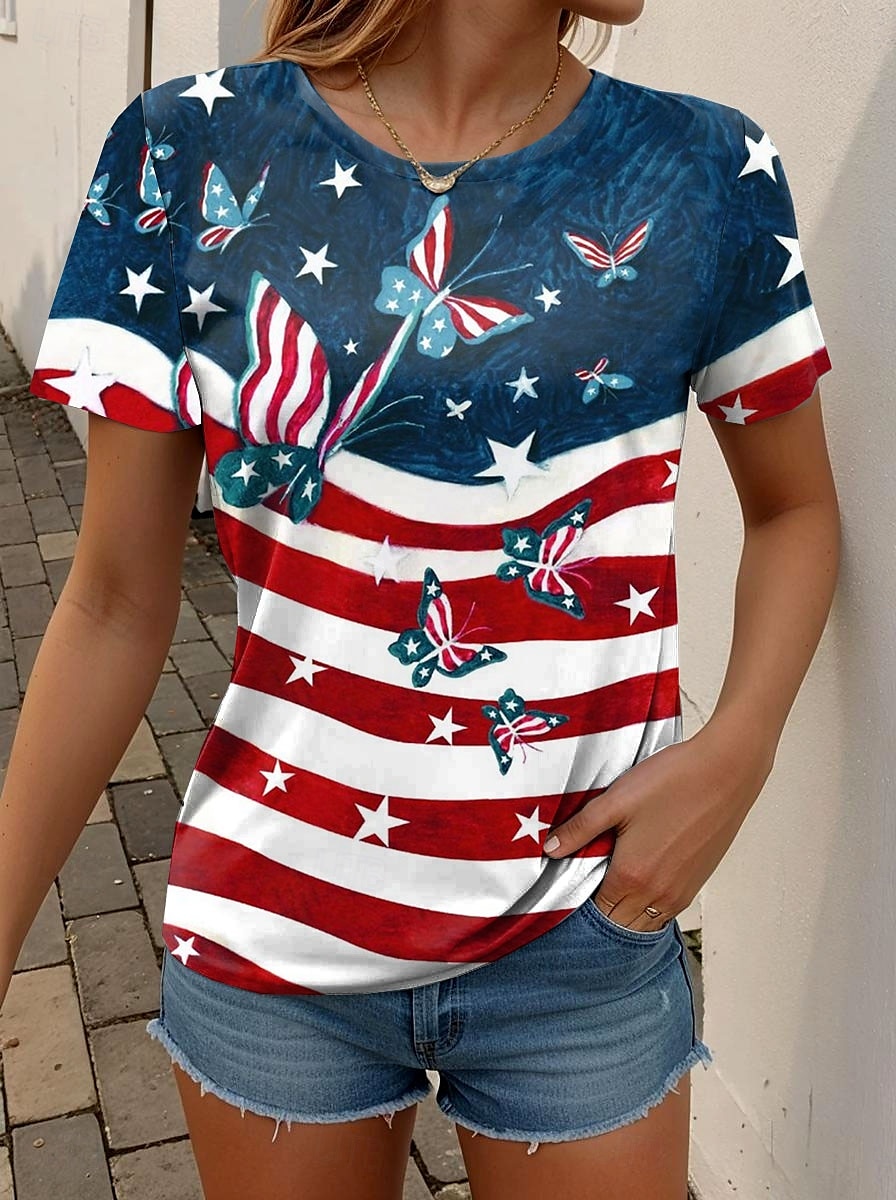 Independence Day Women's Patriotic Fourth of July T Shirt Graphic Flag Vintage Casual Short Sleeve Crew Neck Regular Tops Daily Weekend Print Blue Summer 2025 - $19.99 –P1