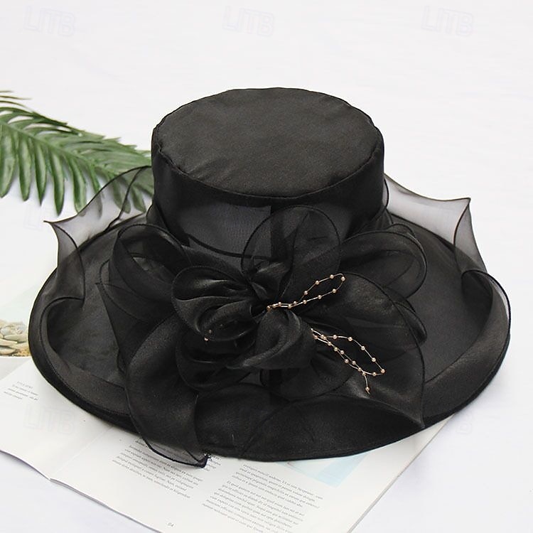 Hatter organza Bryllup Aftenselskap Te Fest Strand Hesteløp Elegant søt stil Solbeskyttelse Med Blomster Hodeplagg Hodeplagg 2025 - $16.99 –P14