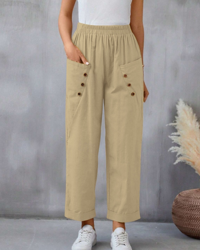 Per donna Pantaloni in cotone e lino Pantaloni Eleganti Moda Streetwear Lunghezza intera Naturale Semplice Tasca Elastico in vita Comodo Confortevole Uscire Weekend Cammello Nero Rosa Blu Estate del 2025 a $24.99 –P13