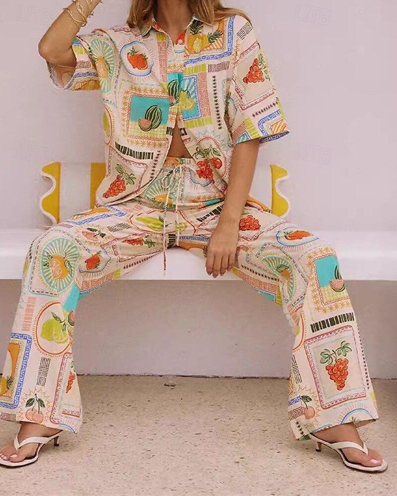 Per donna Moda Streetwear Camicie di cotone e lino Set di biancheria in cotone Set di Pantaloni Manica Corta Colletto a Camicia Frutta Stampato Abbigliamento quotidiano Data Cachi Estate Vestibilit del 2025 a $43.99 –P3