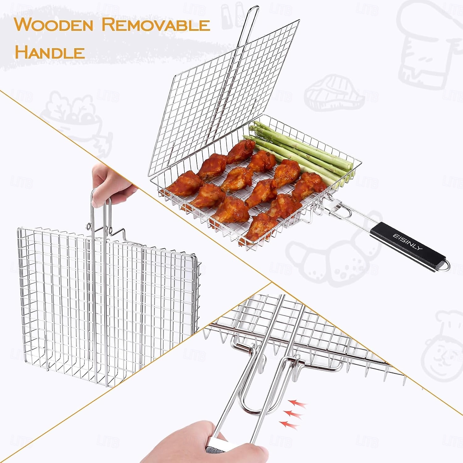 grill grill grill kosár fogantyúval rozsdamentes acél grill kosár kültéri kemping grill állvány halaknak, garnéláknak, zöldségeknek 2025 - $16.99 –P2