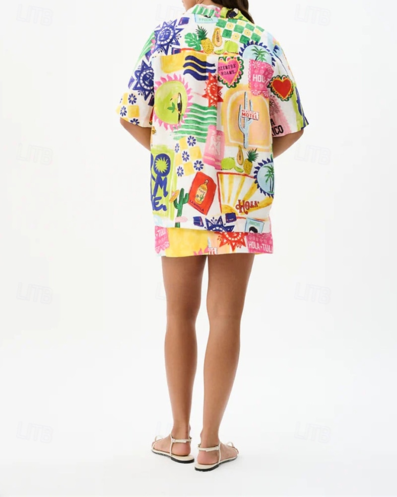 Per donna Moda Streetwear Camicie di cotone e lino Set di biancheria in cotone Set di Pantaloncini Manica Corta Colletto a Camicia pianta Stampato Abbigliamento quotidiano Data Giallo Estate del 2025 a $30.99 –P5