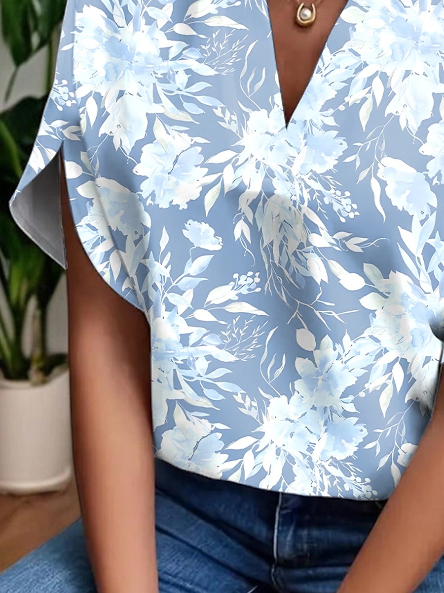 Damen Bluse Blumen Grafik Elegant Bohemien Täglich Kurzarm V Ausschnitt Normale Oberteile Täglich Druck Leicht Blau Sommer Frühling 2025 - $23.99 –P3
