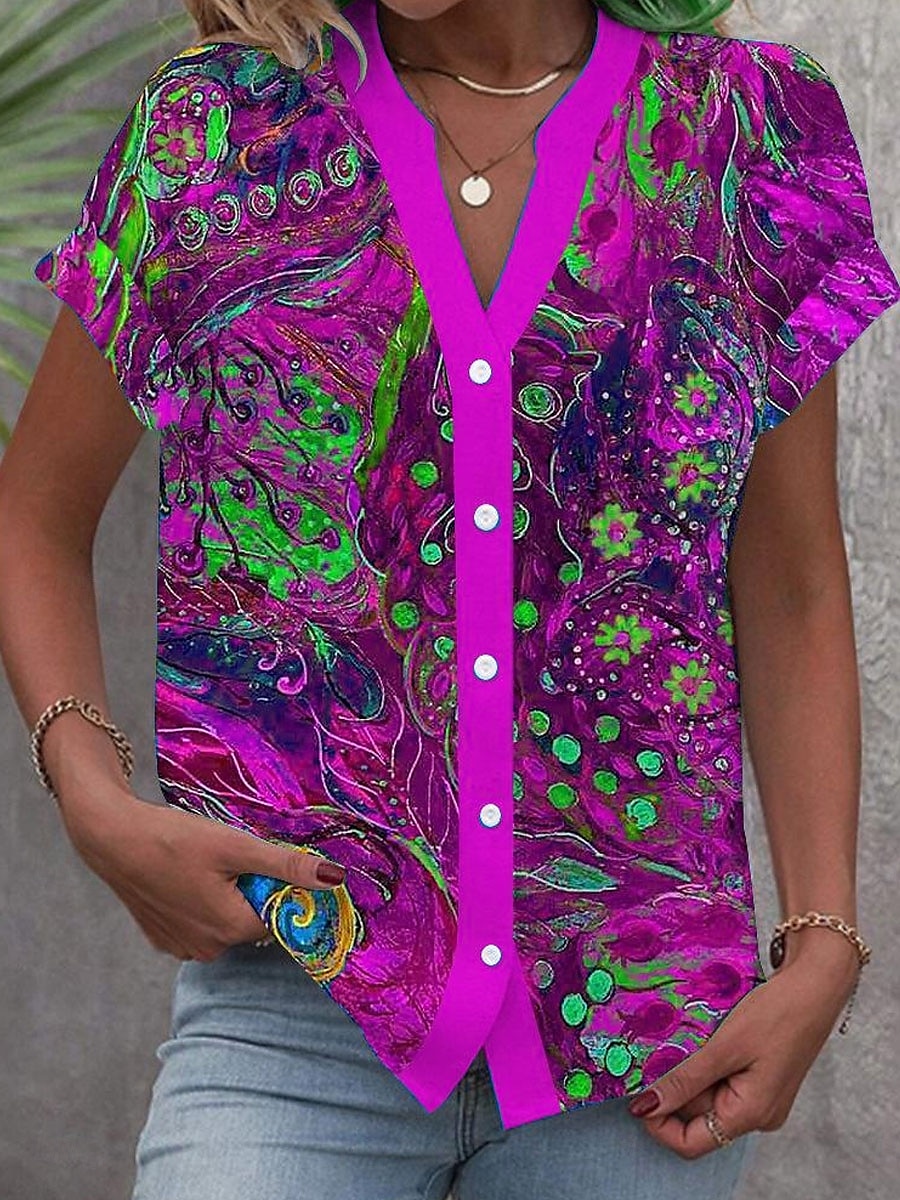 Dame Bluse Blomstret Grafisk Årgang Stilfull Fritid Kortermet V-hals Vanlige topper Daglig Knapper Trykt mønster Blå Lilla Grønn Sommer Vår 2025 - $29.99 –P2