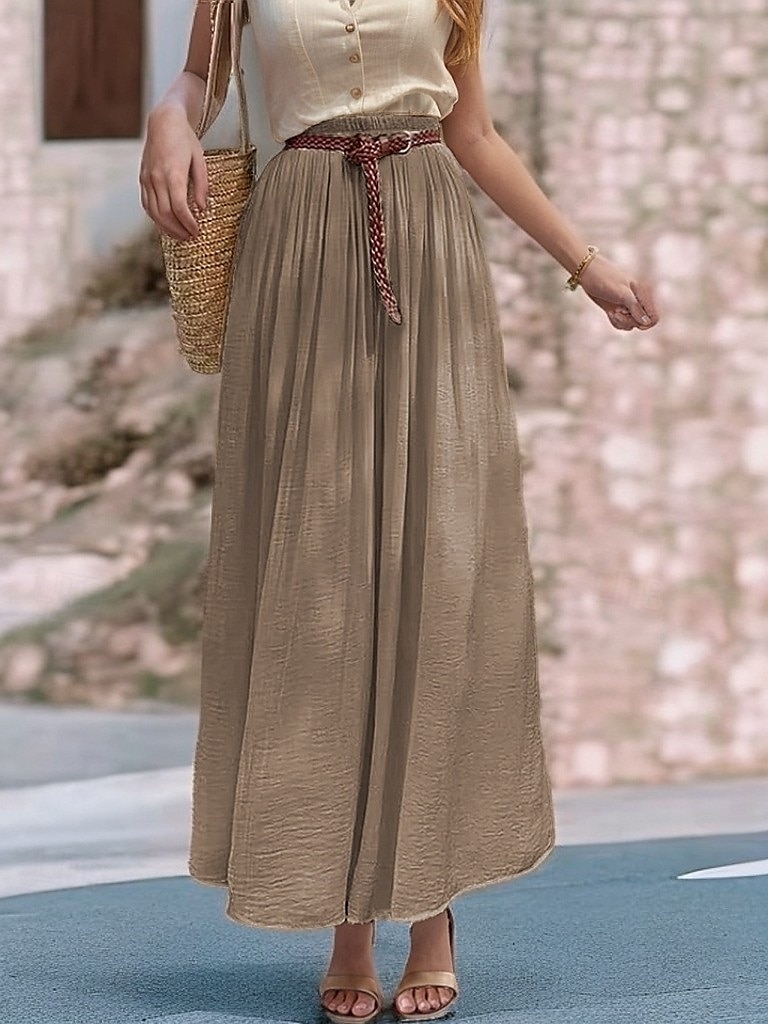 Damen Asiatische Größe Schwingend Leinenröcke Elegant Lässig Midi Hohe Taille Röcke Einfarbig Gerafft Plissiert Fließend Mikroelastisch Urlaub Täglich Wein Schwarz Weiß Rosa Frühling, Herbst, Winter 2025 - $32.99 –P10
