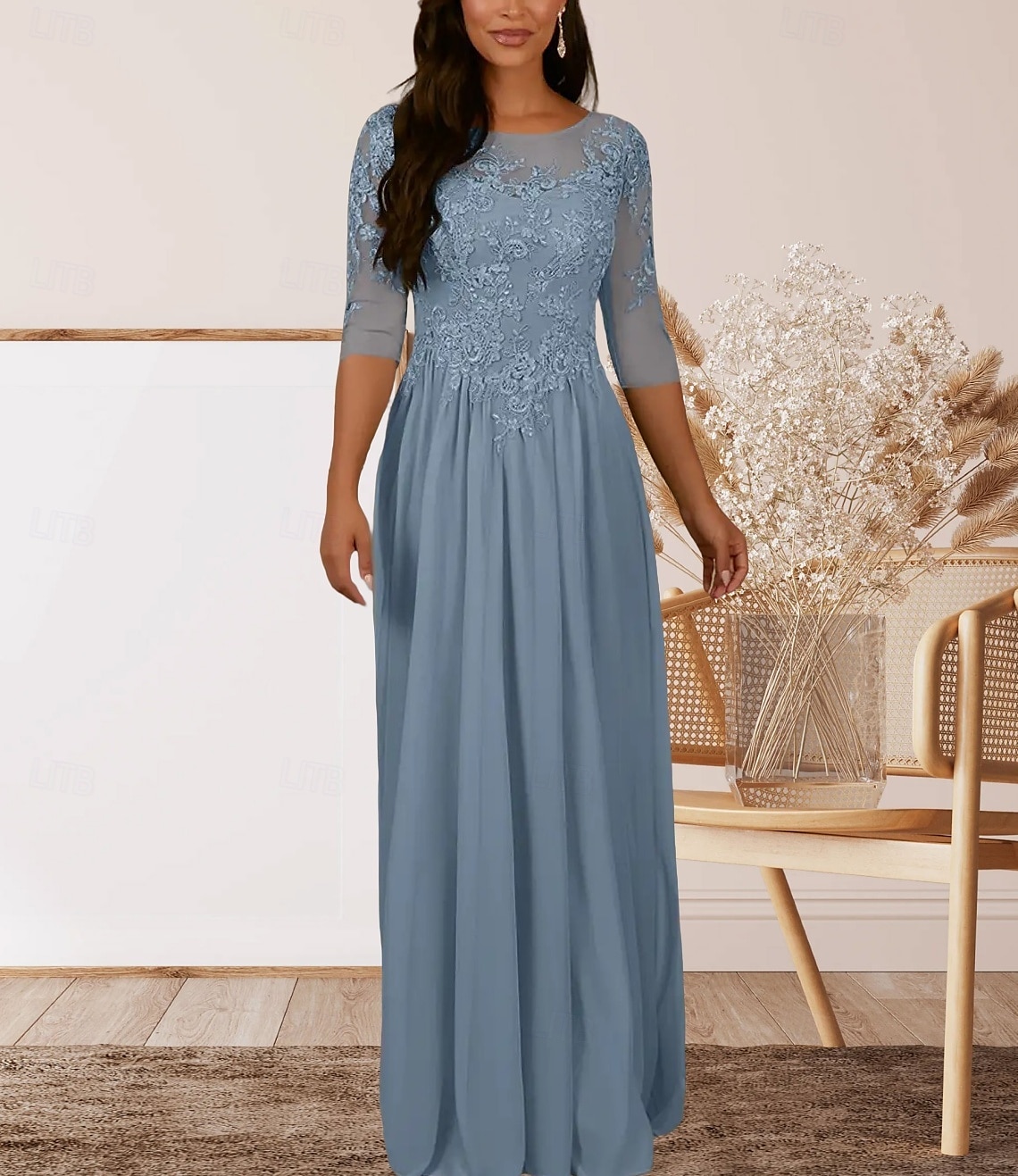 A-Line Brudens Mor Klänning Bröllopsgäst Elegant Crew Neck Golvlängd Chiffong Halv Ärmar med Plisseringar Applikationer 2025 - $161.99 –P1