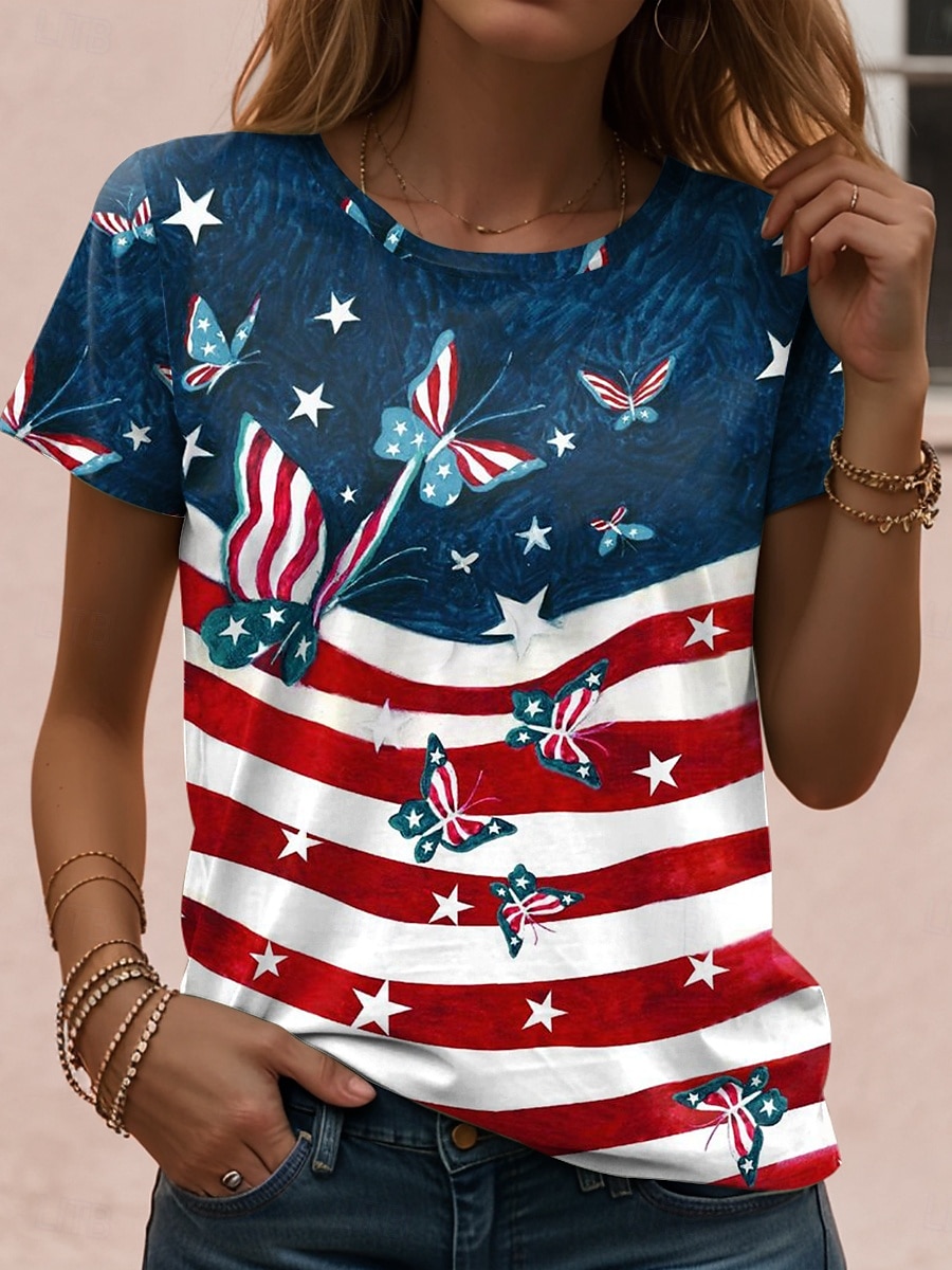Independence Day Patriotic Women's T Shirt Graphic Flag Vintage Casual Short Sleeve Crew Neck Regular Tops Daily Weekend Print White Red Blue Dusty Blue Summer Spring 2026 - $22.99 –P3