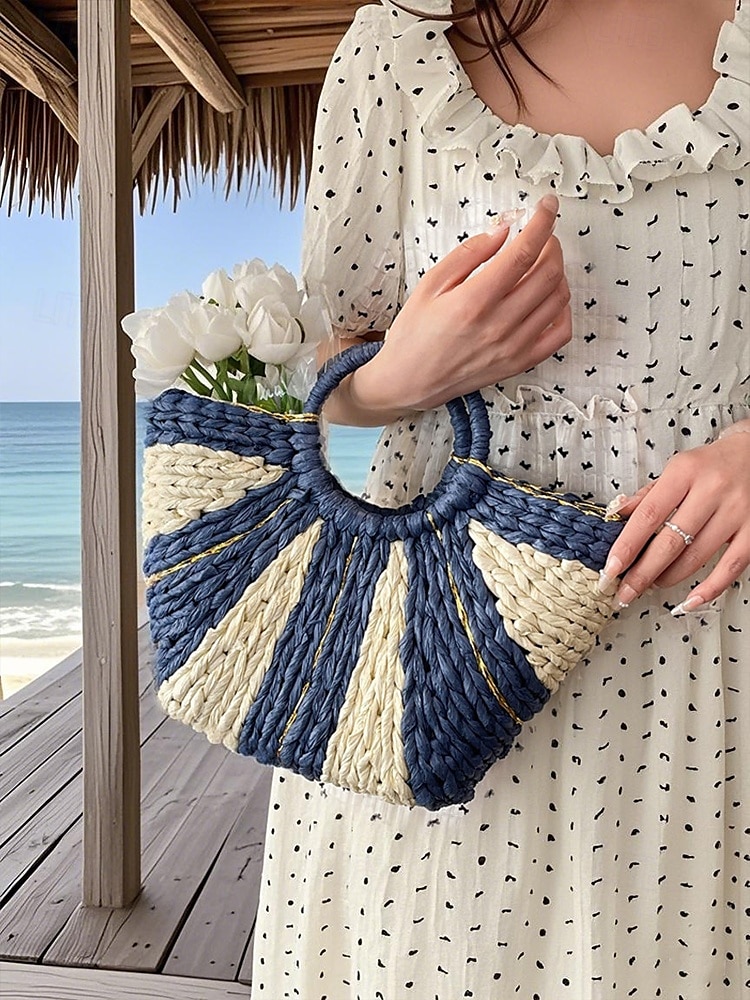 Sac de plage élégant en paille tressée pour femme avec poignées circulaires, grande capacité, design bohème écologique, parfait pour l'été, les vacances et les excursions d'une journée de 2025 ? $26.99 –P2