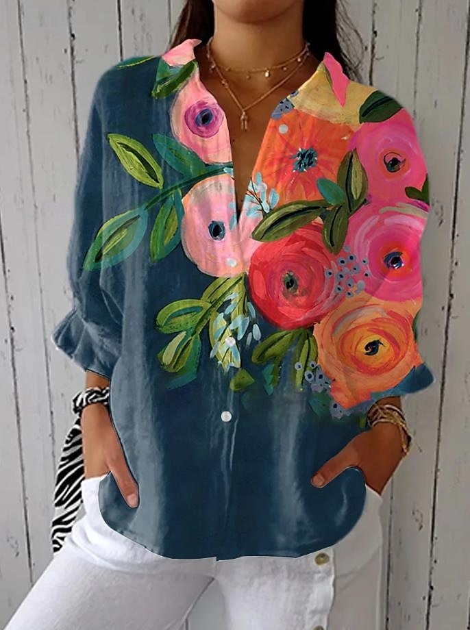 Camicia in lino simile da donna camicetta floreale grafica stile casual colletto tops regolari quotidiani vacanza uscita bottoni gialli rossi blu verdi estate primavera del 2025 a $32.99 –P4