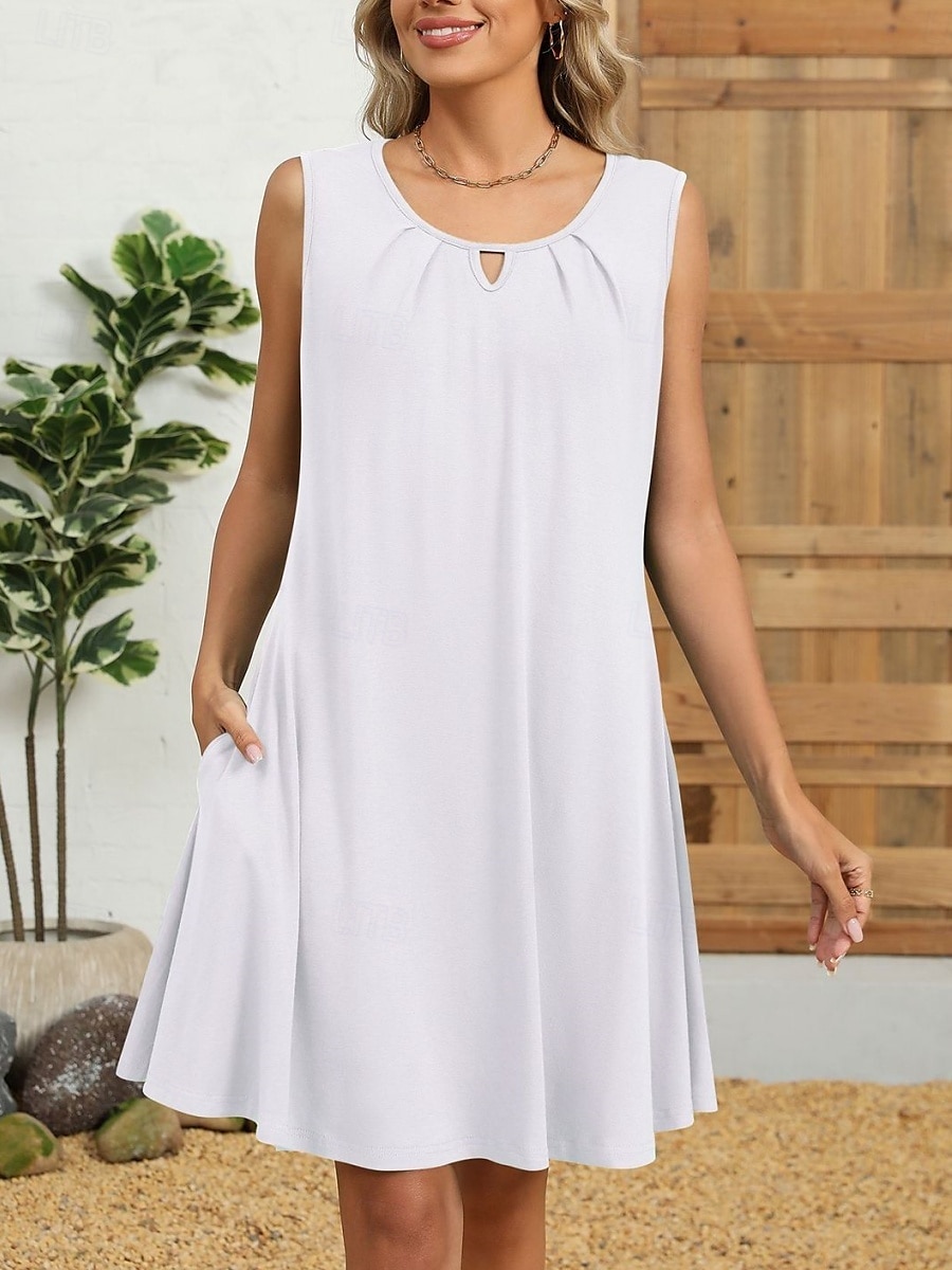 Damen Minikleid Sommerkleid Lässig Täglich Normale Passform Einfarbig Ärmellos Rundhalsausschnitt Schwarz Weiß Wein Marineblau Sommer 2025 - $21.99 –P12