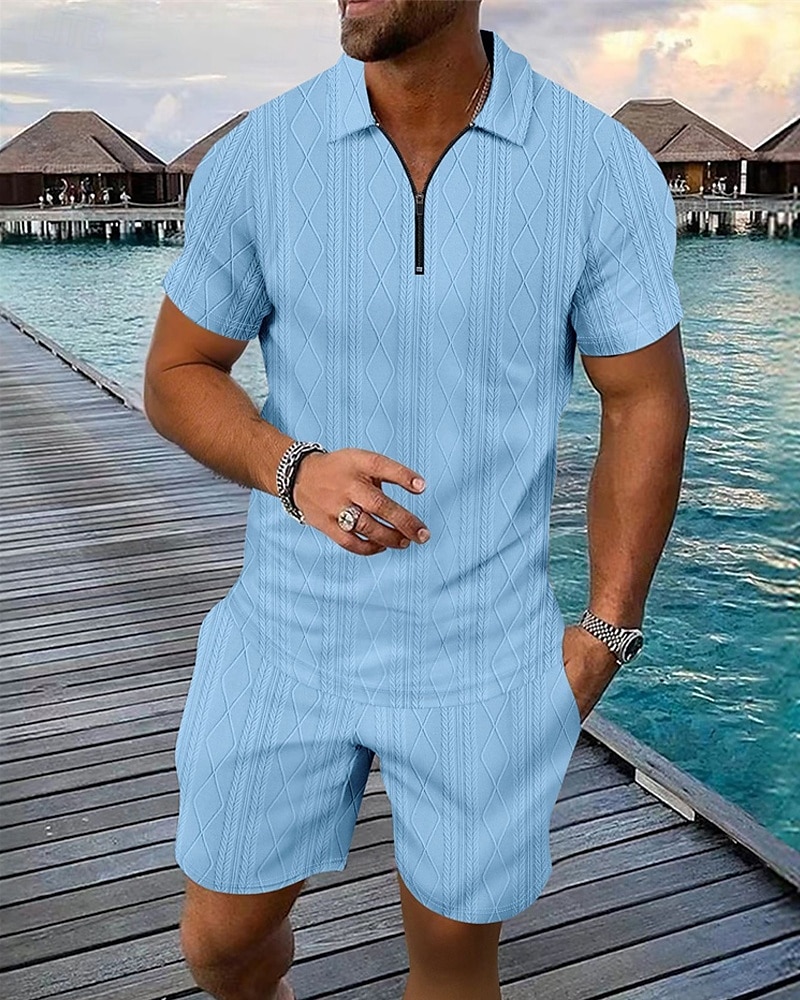 Men's Quarter Zip Polo Golf Shirt Daily Holiday Lapel Short Sleeve Fashion Basic Plain 2 Piece Jacquard Summer Regular Fit Black White Blue Khaki Army Green Gray Quarter Zip Polo 2025 - $32.99 –P5