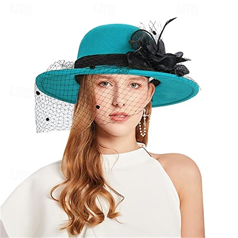 Vintage Fedora Bucket Hat with Removable Mesh Flowers Feathers Elegant Ladies Bowler Hat Winter Warm Wide Brim Church Derby Hat for Wedding Race Banquet 2025 - $23.99 –P9