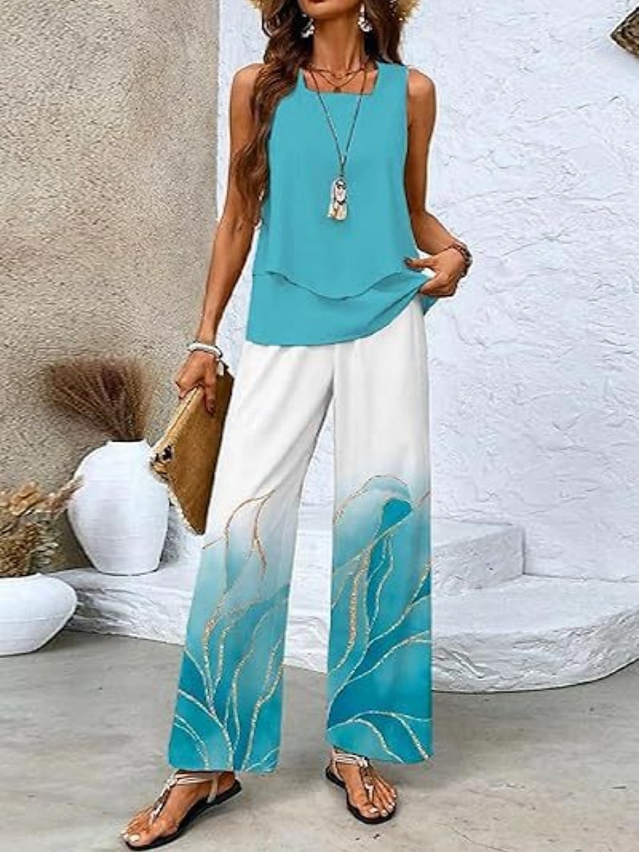Ensembles de pantalons de mode 2 pièces pour femmes streetwear quotidiens camis sans manches col carré impression graphique florale décontracté extérieur quotidien blanc bleu marine bleu royal été de 2025 ? $43.99 –P2