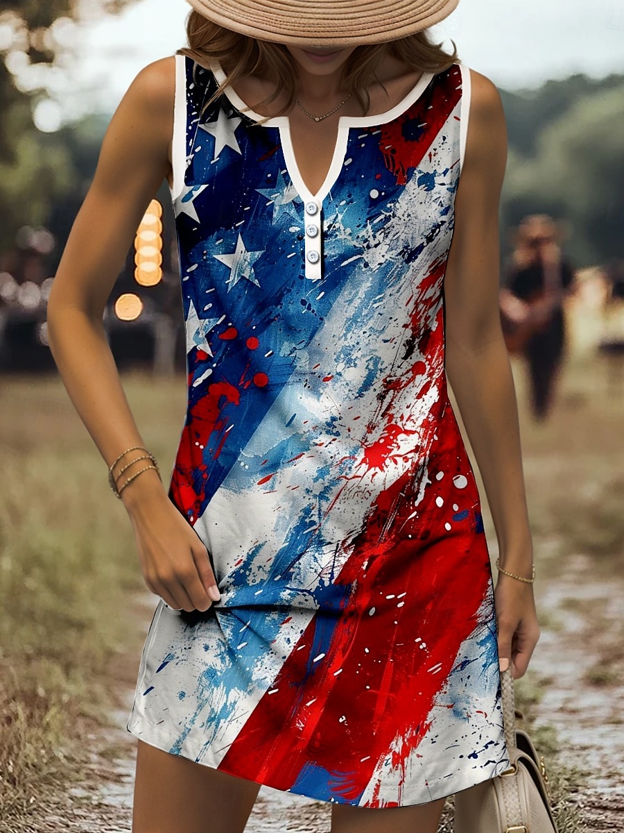 Robe mini patriote robe de plage robe d'été décontractée vacances ajustement régulier graphique drapeau sans manches col en V bleu été printemps de 2025 ? $21.99 –P5