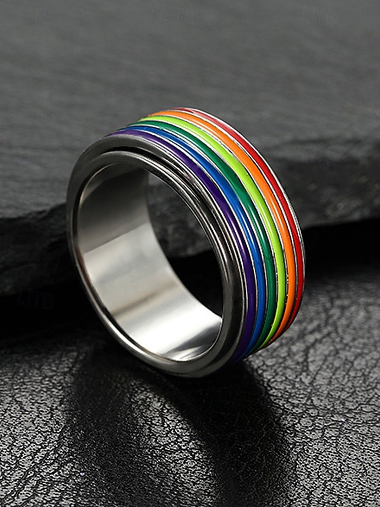 Anello girevole arcobaleno LGBT da uomo - anello in acciaio inossidabile con design twist, accessorio alla moda per festival, abbigliamento quotidiano e celebrazioni LGBTQ+ del 2025 a $11.99 –P2