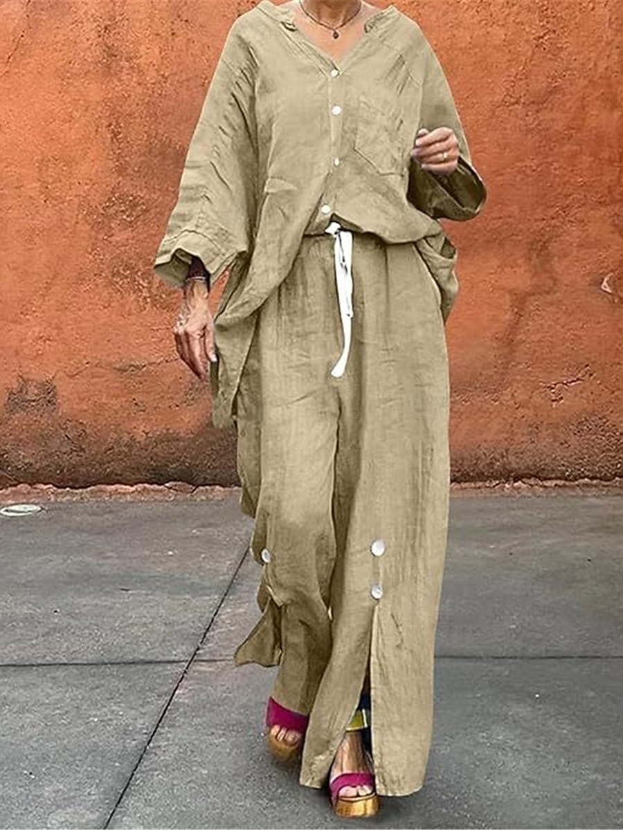 Femmes Actif Basique Ensembles en coton et lin manche longue Col en V Couleur Unie Décontracté Quotidien Noir Blanche Jaune Été Coupe régulière de 2025 ? $28.99 –P12
