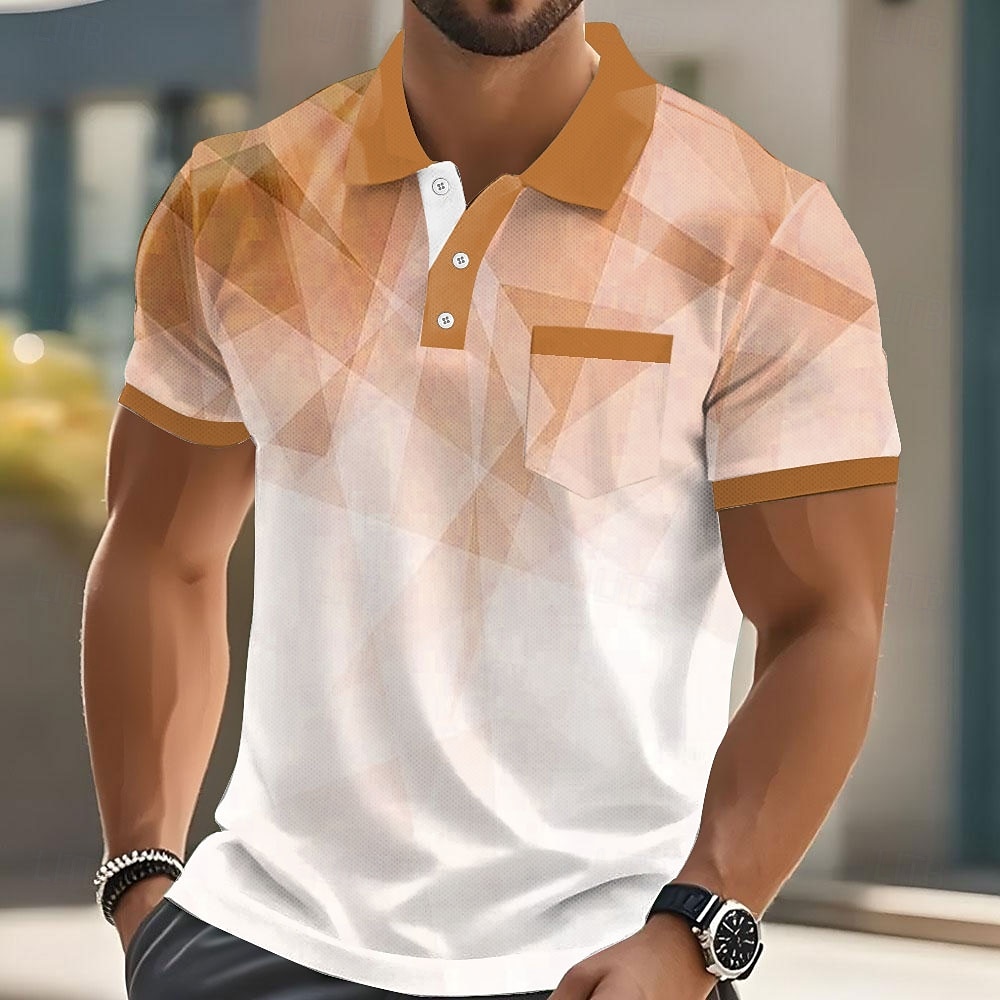 Men's Geometric Polo Short Sleeve Turndown Business Casual Daily Sports & Outdoor Business Casual Daily Buttons Pocket Summer Robin's Egg Blue Dark Blue Green 2025 - $20.99 –P3
