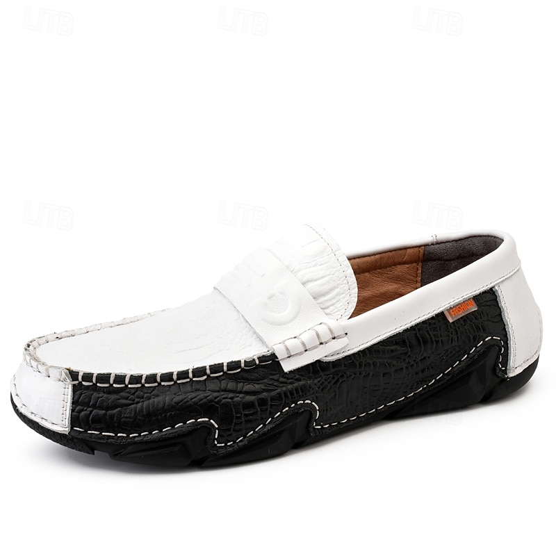 Vita herrloafers i konstläder med svart krokodilstruktur – eleganta och snygga slip-on-skor för semiformella evenemang, bröllop och avslappnade sammankomster 2026 - $54.99 –P3