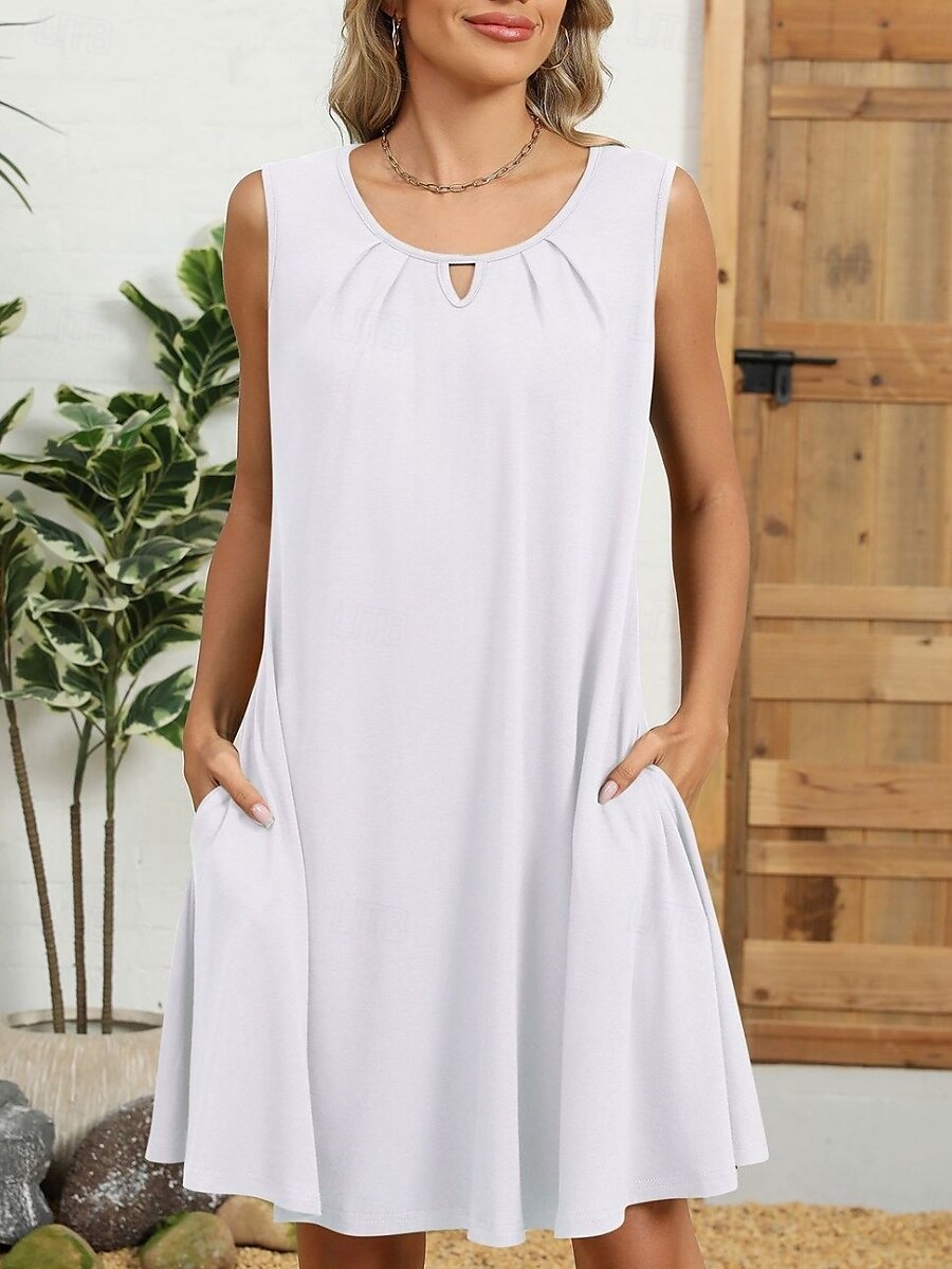 Damen Minikleid Sommerkleid Lässig Täglich Normale Passform Einfarbig Ärmellos Rundhalsausschnitt Schwarz Weiß Wein Marineblau Sommer 2025 - $21.99 –P13
