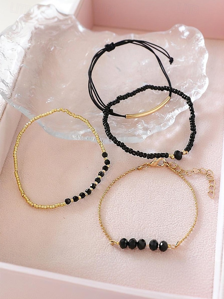 Set bohemian zwarte kralenarmbanden voor dames, met gouden versiering, verstelbaar, modieuze en trendy sieraden, geschikt voor dagelijks gebruik, op reis en voor feestjes 2025 - $9.99 –P6