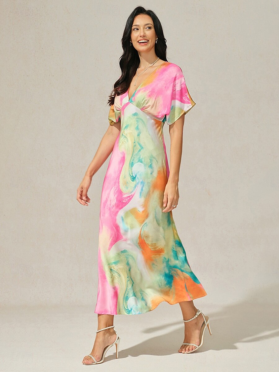 robe d'invitée de mariage pour femme, imprimé ombré, col en V, robe midi élégante, rendez-vous, manches courtes, coupe régulière, vacances, quotidien, robe d'été de 2025 ? $59.99 –P1