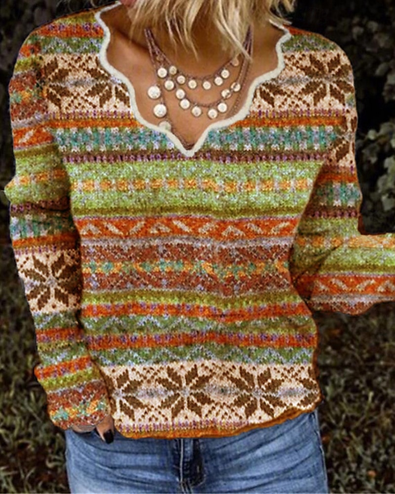 Dames Blouse Bloem Modern Boho Lange mouw V-hals Normale tops Feestdagen Uitgaan Afdrukken blauw Paars Oranje Zomer 2025 - $18.49 –P4