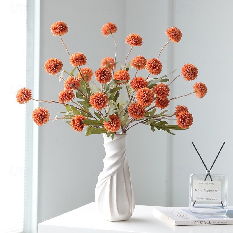 1 maço de flores de dente-de-leão simuladas com 5 flores de bola de pingue-pongue, flor artificial de plástico de galho único para decoração de casamento, adereço interno, arranjo floral artificial de 2025 por $7.99 –P3