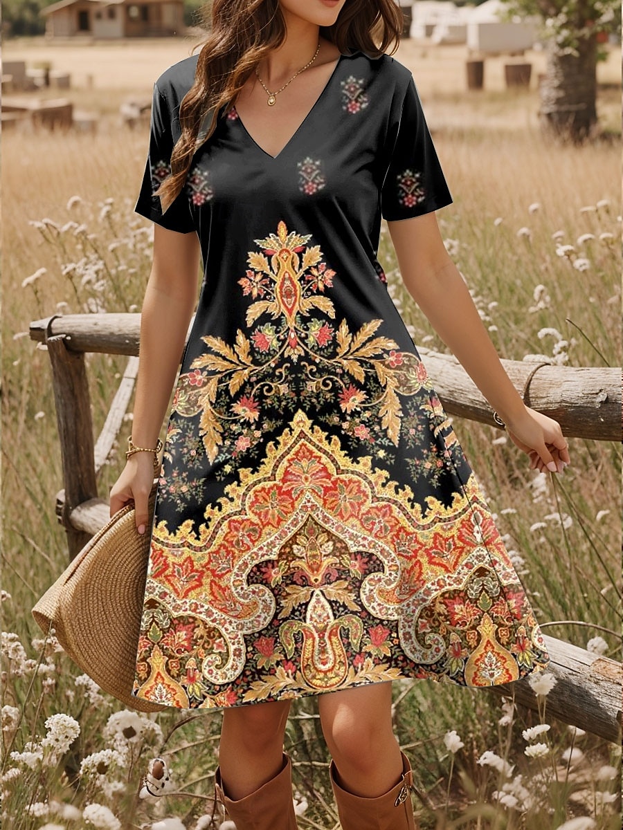 Rochie mini pentru femei, rochie tip tricou, rochie de vară, rochie de vacanță, casual, boho, zi de zi, ieșire în oraș, croială regulată, model paisley, mânecă scurtă, decolteu în V, albastru, violet, 2025 - $23.99 –P1