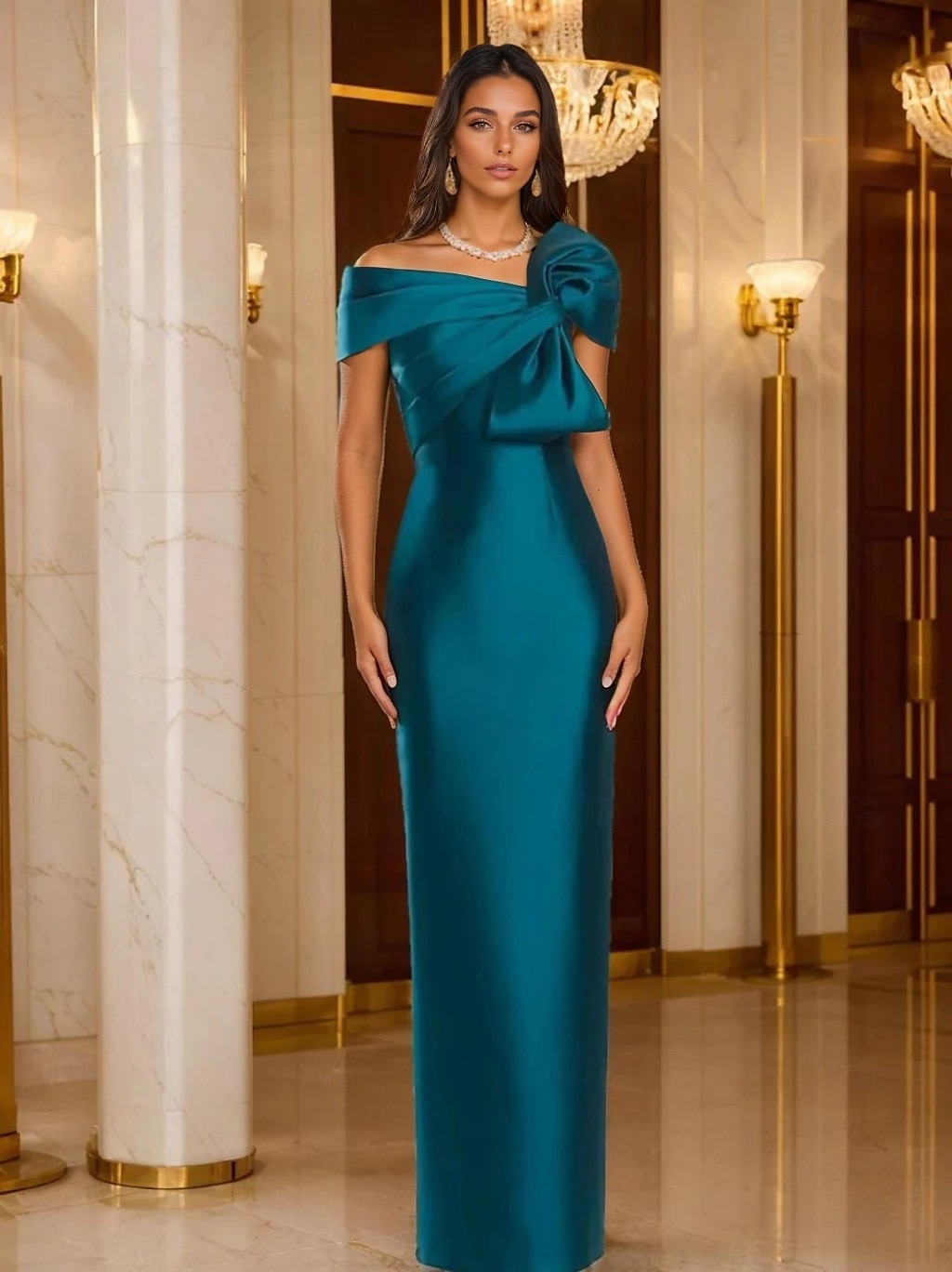 Robe de Soirée Fourreau  Colonne Élégante Robe Formelle Mariage Longueur de Sol Manches Courtes Épaule Dénudée Satin avec Nœud(s) de 2025 ? $119.99 –P1