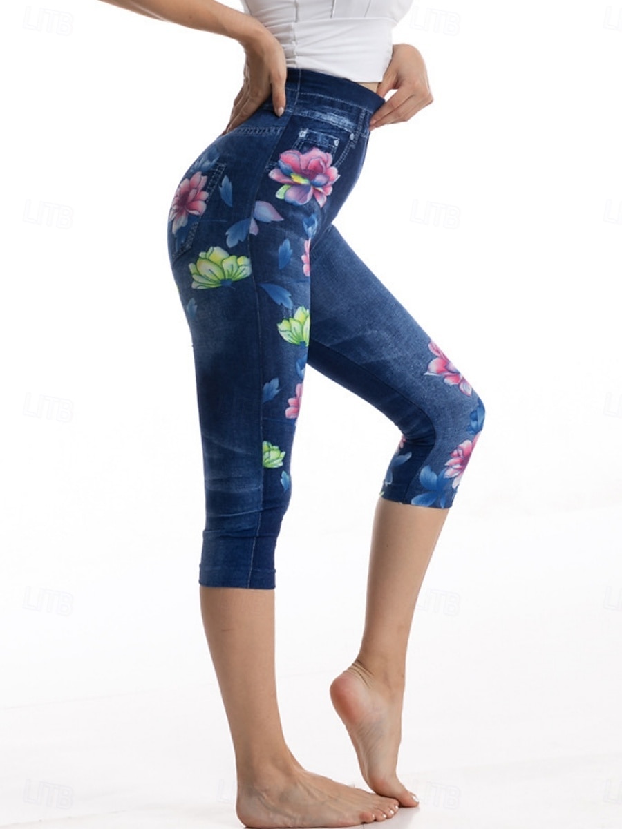 Dámské legíny capri kalhoty 3D tisk chinos dovolená městská móda příležitostné do délky lýtek vysoký pas květinový tisk pohodlné měkké komfortní elastické venkovní ulice modré letní úzké 2025 - $13.99 –P1