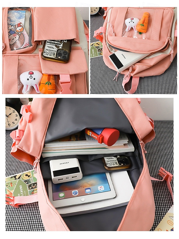 damski 6-częściowy uroczy plecak kawaii z przezroczystymi kieszeniami z przodu, przypinkami z kreskówek i pluszowymi zawieszkami, lekka nylonowa torba szkolna dla nastoletnich dziewcząt, do codziennego użytku na uczelnię 2026 - $34.99 –P7
