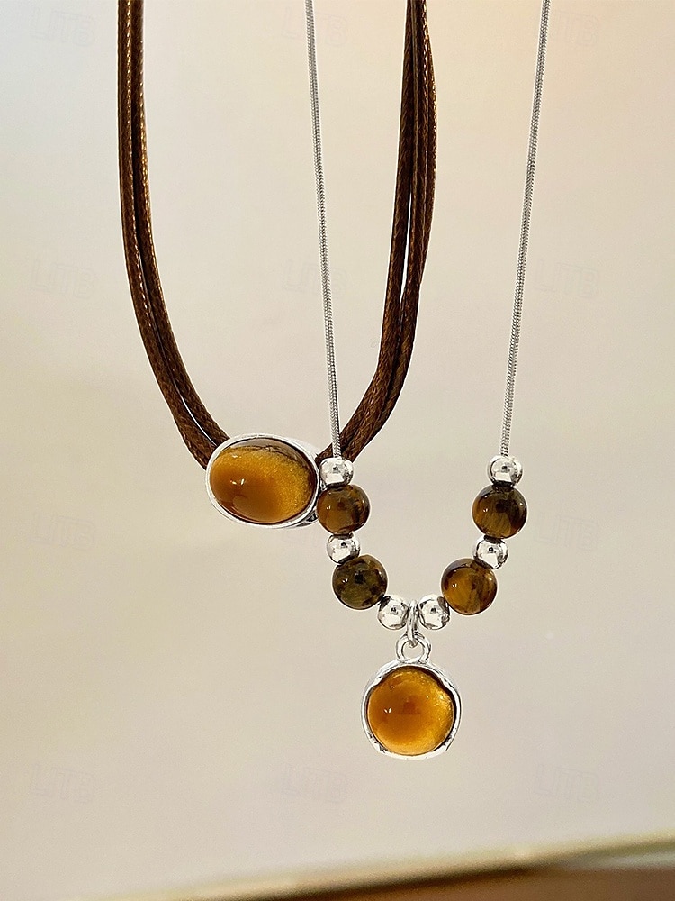 Ensemble de colliers et pendentifs en pierre œil de tigre double couche de style bohème pour femmes, matériau en pierre naturelle, adapté aux tenues décontractées, quotidiennes et de fête de 2025 ? $9.99 –P4