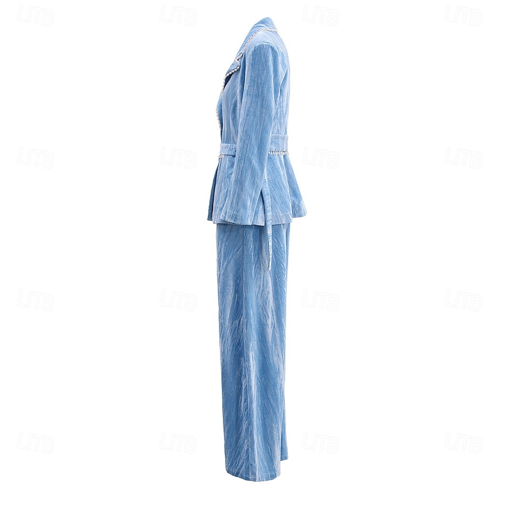 Blue Velvet Pantsuit Mother of the Bride Suit Elegant Minimalist Notched Lapel Floor Length Long Sleeve with Pearls 2025 - $129.99 –P3