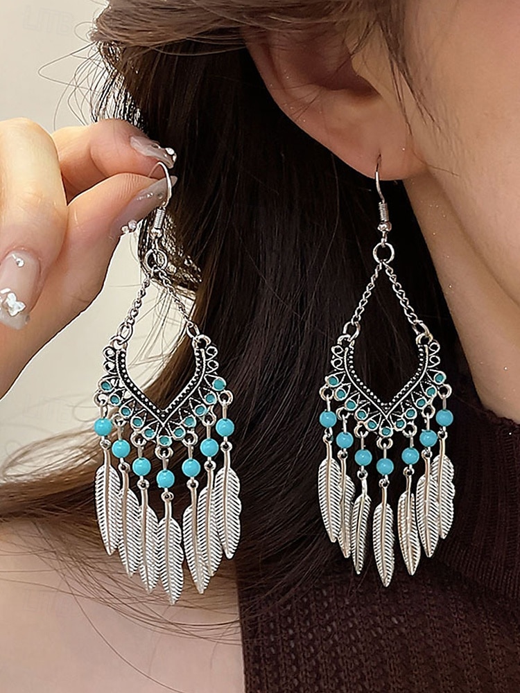 Women's Bohemian Turquoise Drop Earrings – Vintage Western Style Statement Jewelry with Feather and Bead Details for Parties, Festivals and Casual Wear 2025 - $9.99 –P6