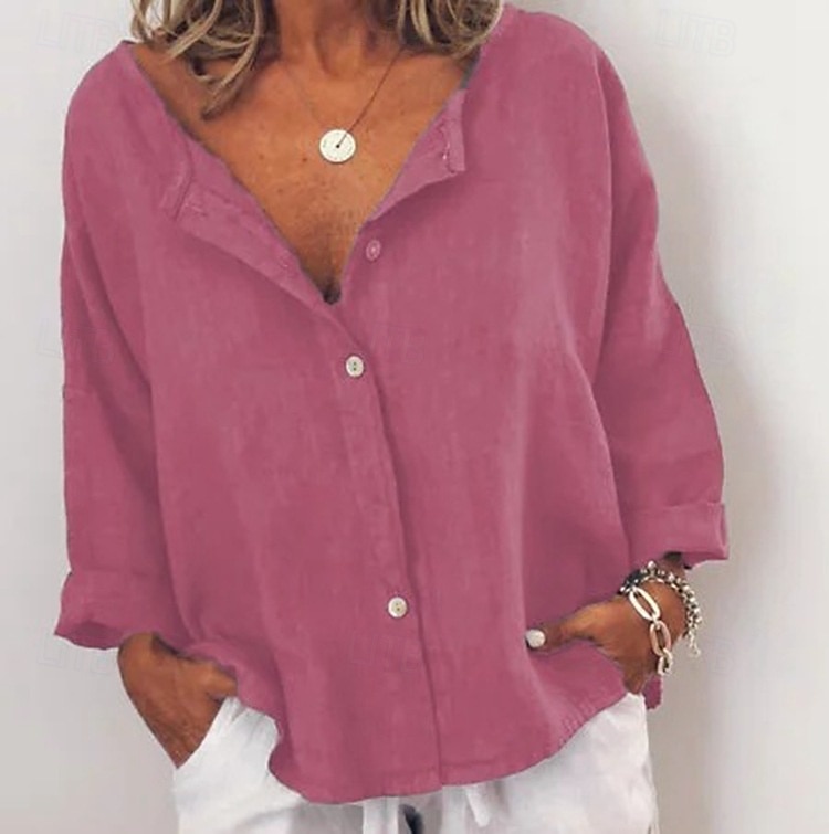 Women's Shirt Cotton Linen Shirts Button Up Blouse Plain Daily Basic Long Sleeve V Neck Regular Tops Casual Daily Buttons Army Green Red Blue Khaki Dark Gray Fall & Winter 2025 - $23.99 –P2