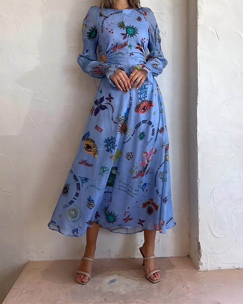 Damen Langes Kleid Maxikleid Baumwoll-Leinen-Kleider Freizeitkleid Mode Outdoor Party Ferien Normale Passform Bemalt Langarm Rundhalsausschnitt Blau Sommer 2025 - $42.99 –P2
