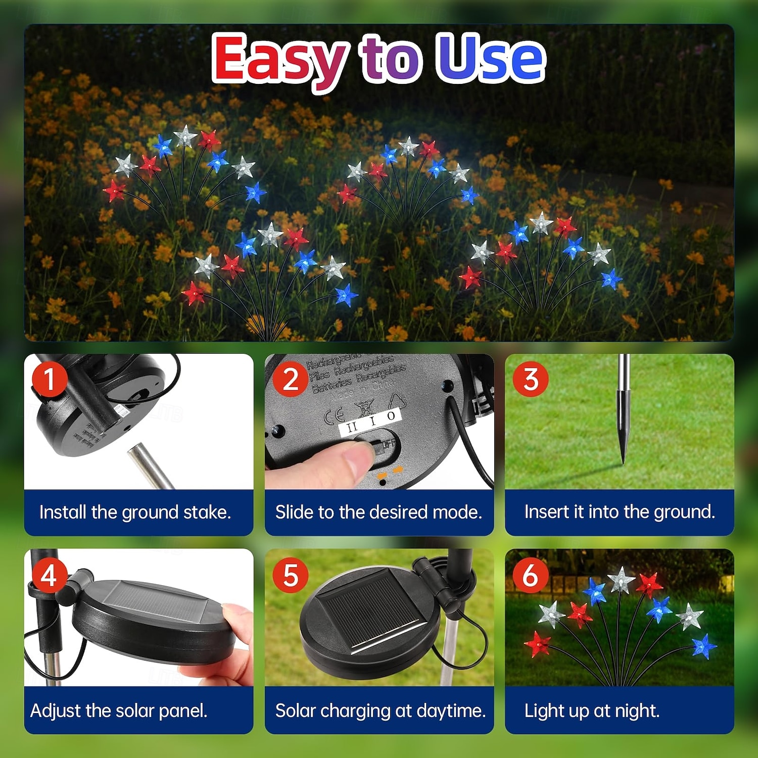 2 Pcs Patriotic  9 Heads outdoor solar waterproof red, white, blue tricolor pentagram ground mounted lights, 4th of July Independence Day 250th Anniversary Memorial Day for decoration lights 2026 - $23.99 –P6