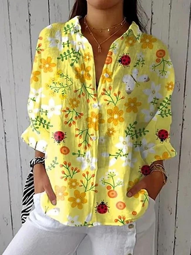 Camicia in lino simile da donna camicetta floreale grafica stile casual colletto tops regolari quotidiani vacanza uscita bottoni gialli rossi blu verdi estate primavera del 2025 a $32.99 –P1